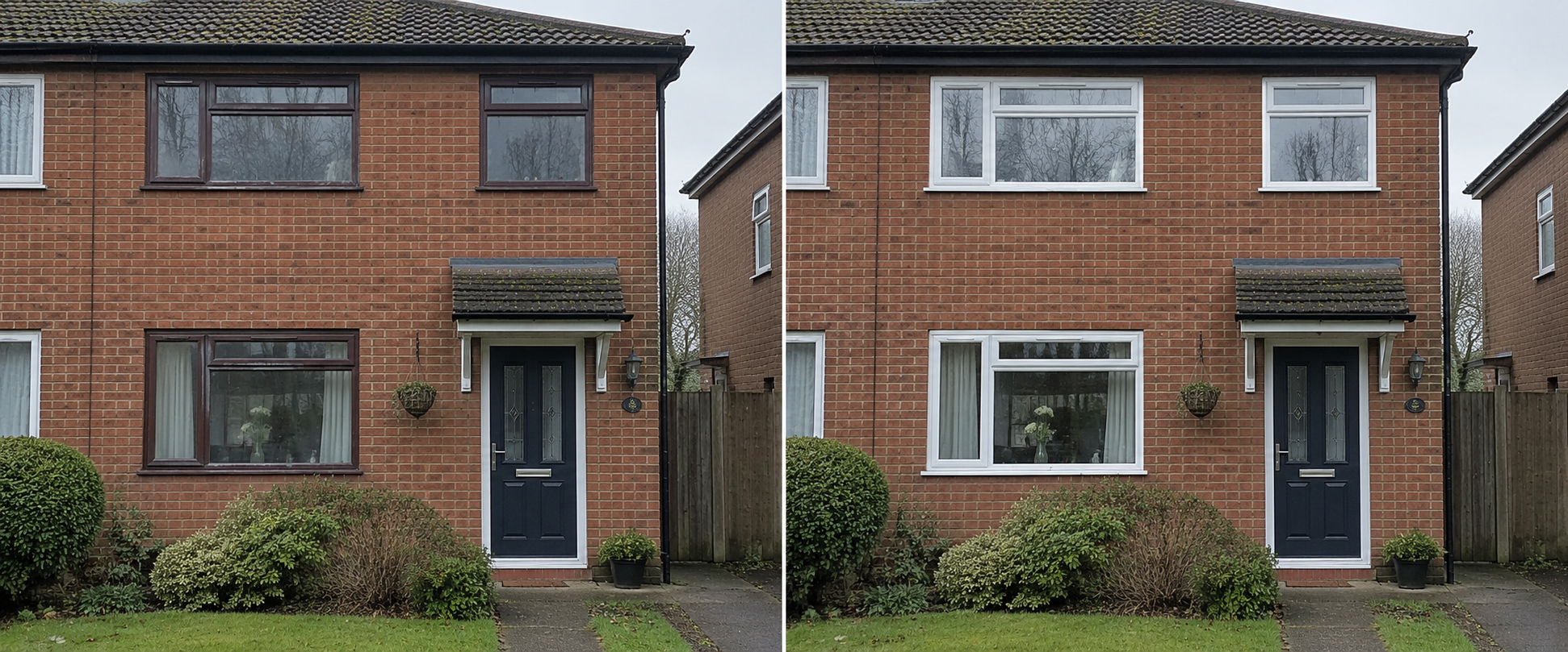 AI-generated illustration of old brown window frames and new white frames on the same house